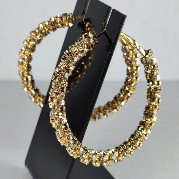 Gold Tone Metal White Colorless Rhinestones Hoop Statement Fashion Earrings - Picture 14 of 16